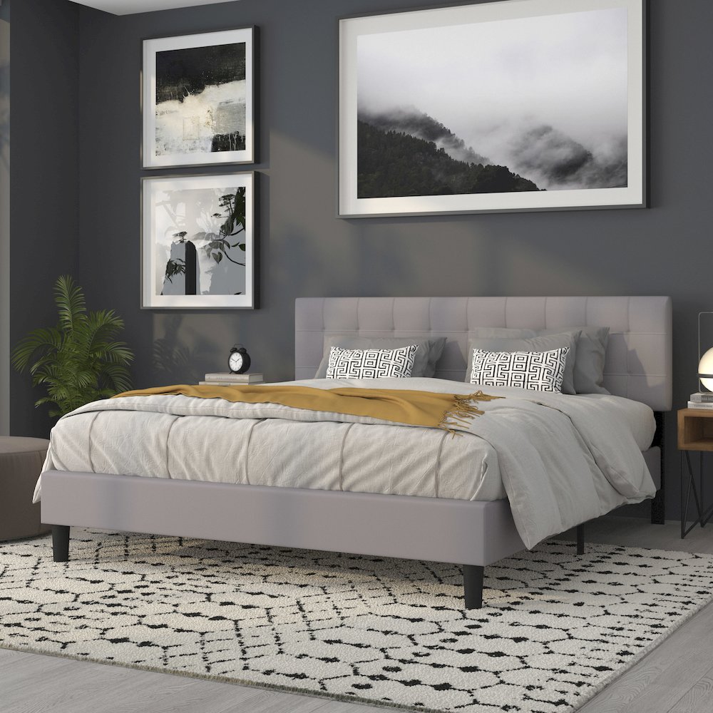 Tufted Upholstered King Size Headboard in Light Gray Fabric. Picture 7