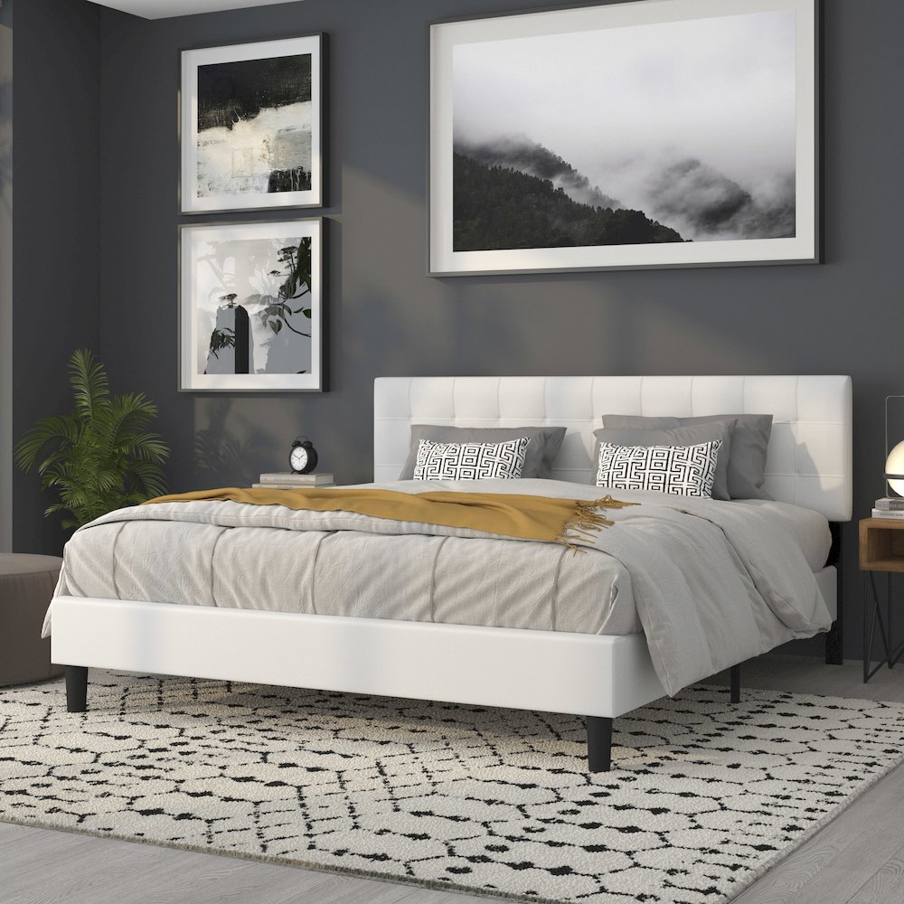 Tufted Upholstered King Size Headboard in White Fabric. Picture 7