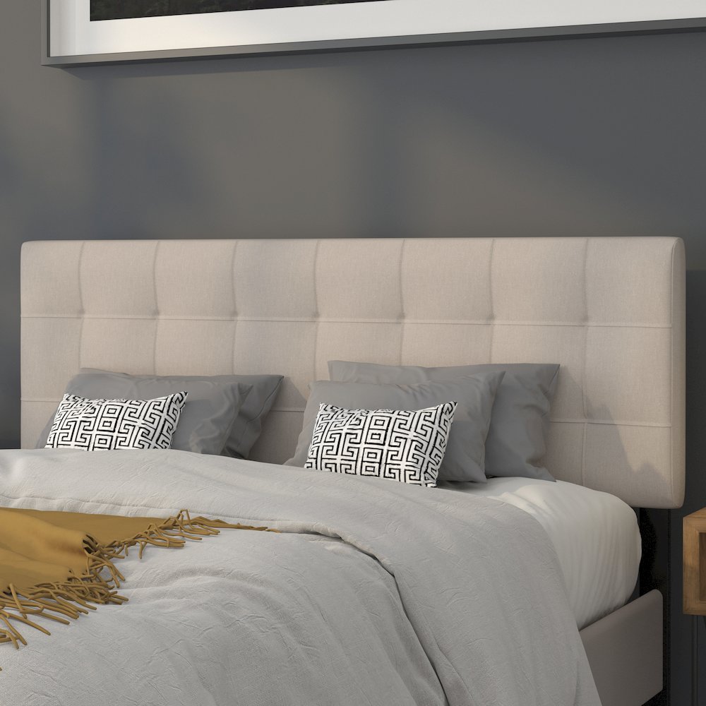 Quilted Tufted Upholstered Queen Size Headboard in Beige Fabric. Picture 4