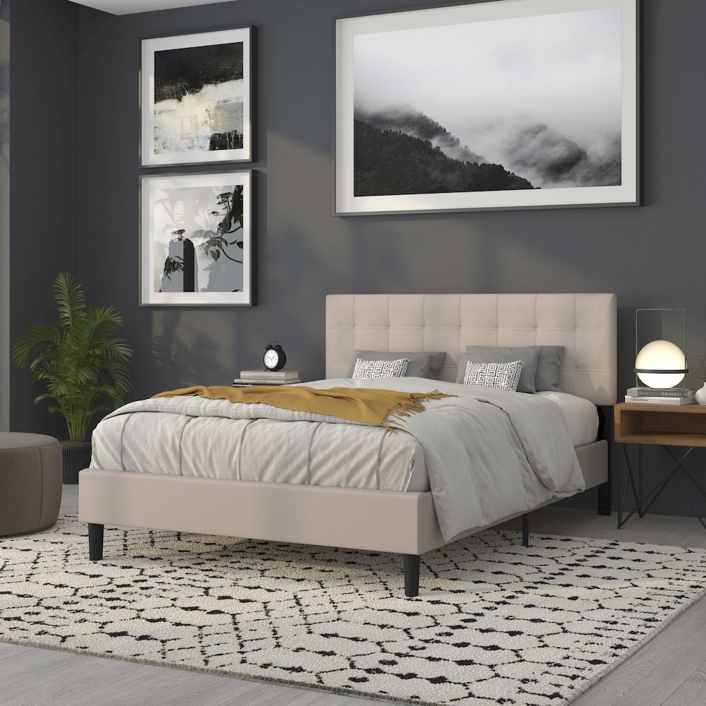 Tufted Upholstered Queen Size Headboard in Beige Fabric. Picture 7