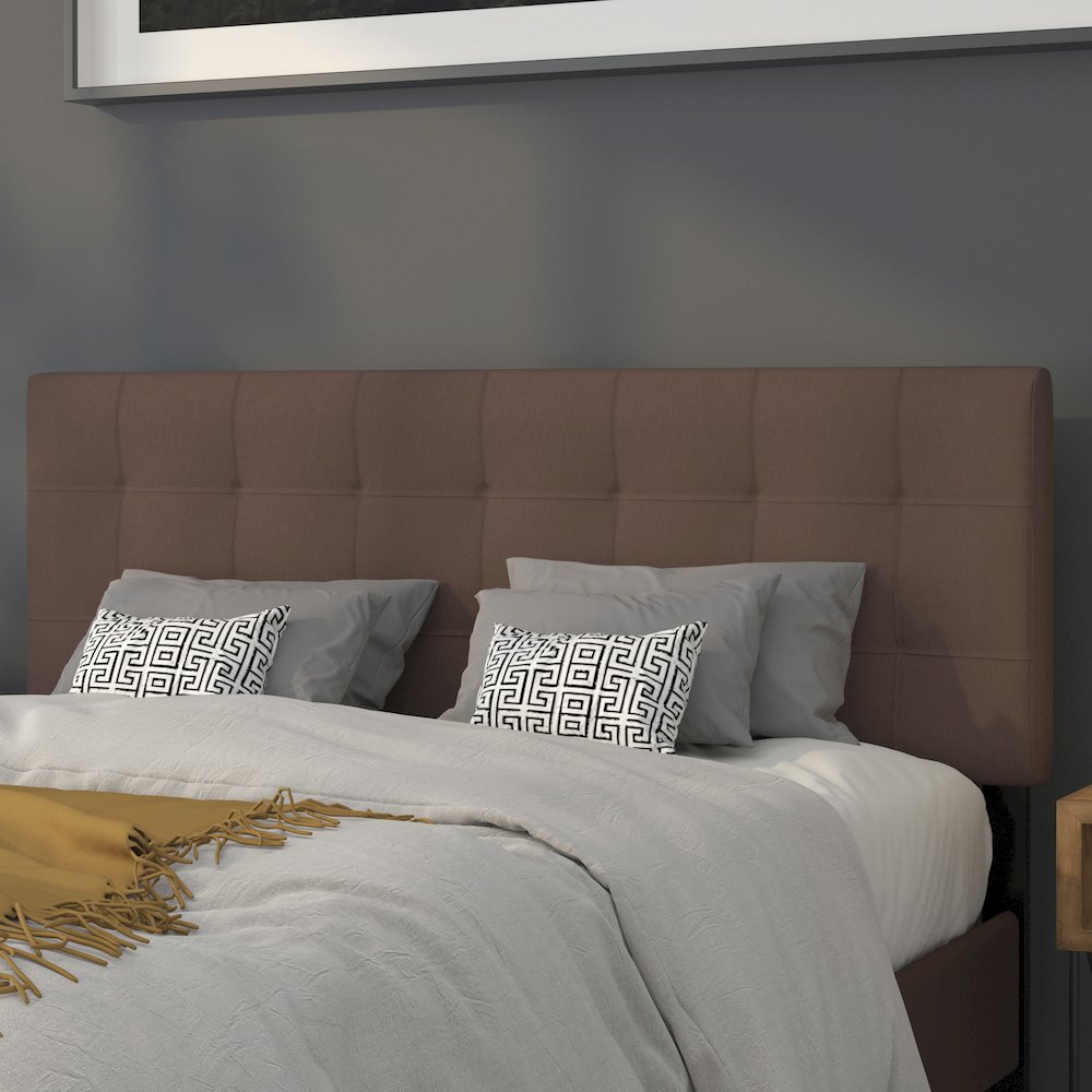 Quilted Tufted Upholstered Queen Size Headboard in Dark Brown Fabric. Picture 4