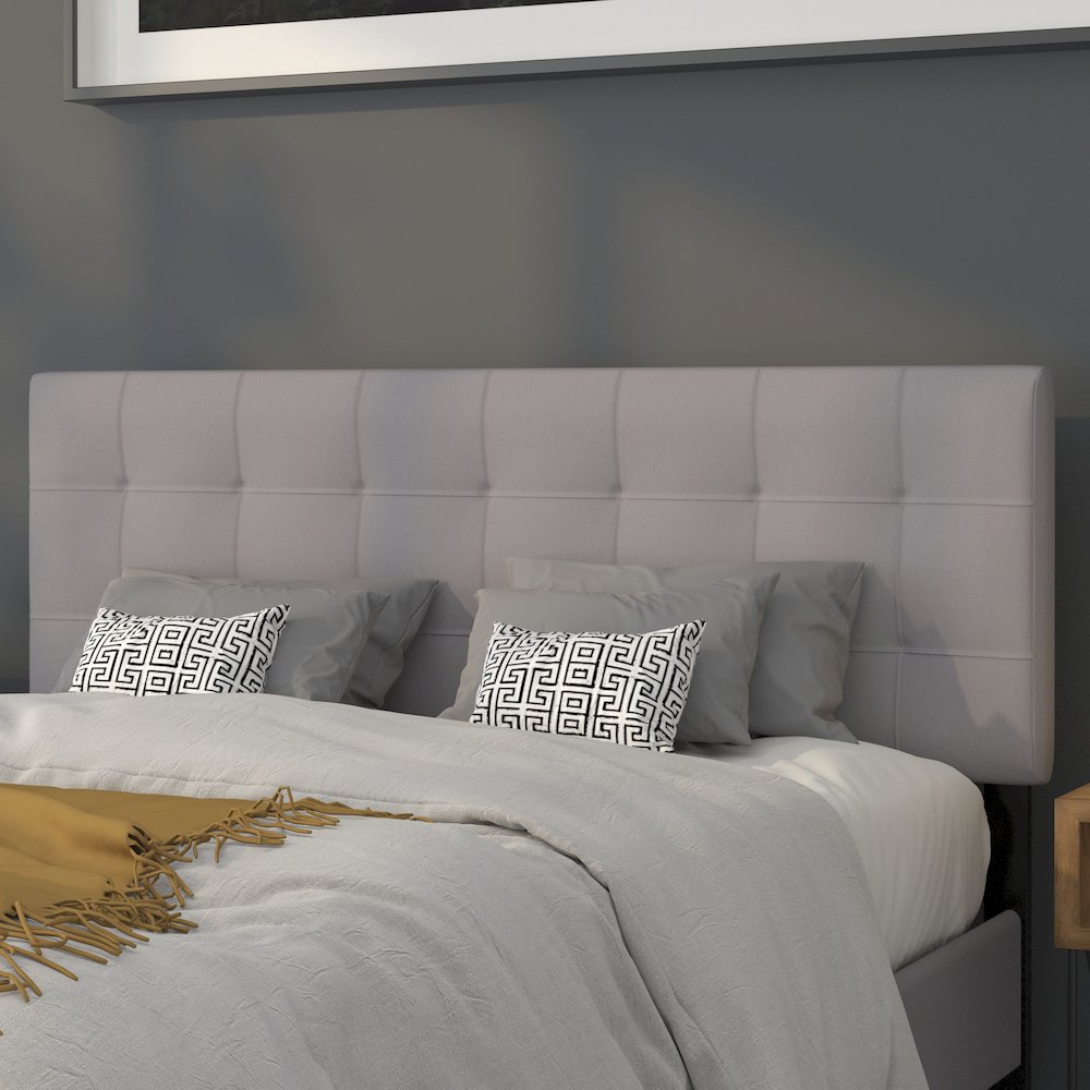 Quilted Tufted Upholstered Queen Size Headboard in Light Gray Fabric. Picture 7