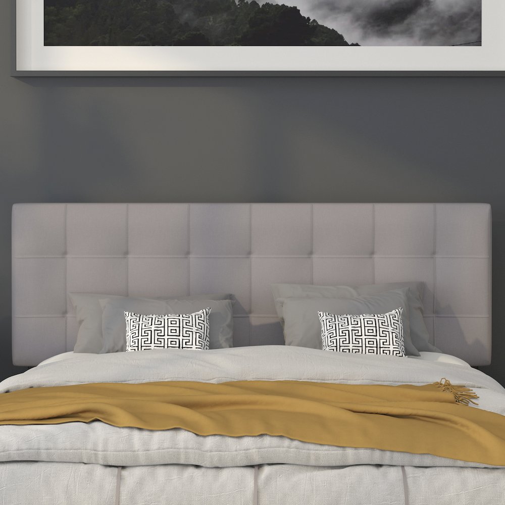 Tufted Upholstered Queen Size Headboard in Light Gray Fabric. Picture 6