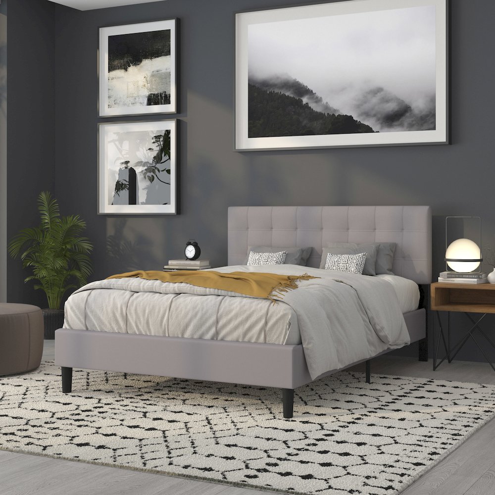 Tufted Upholstered Queen Size Headboard in Light Gray Fabric. Picture 7