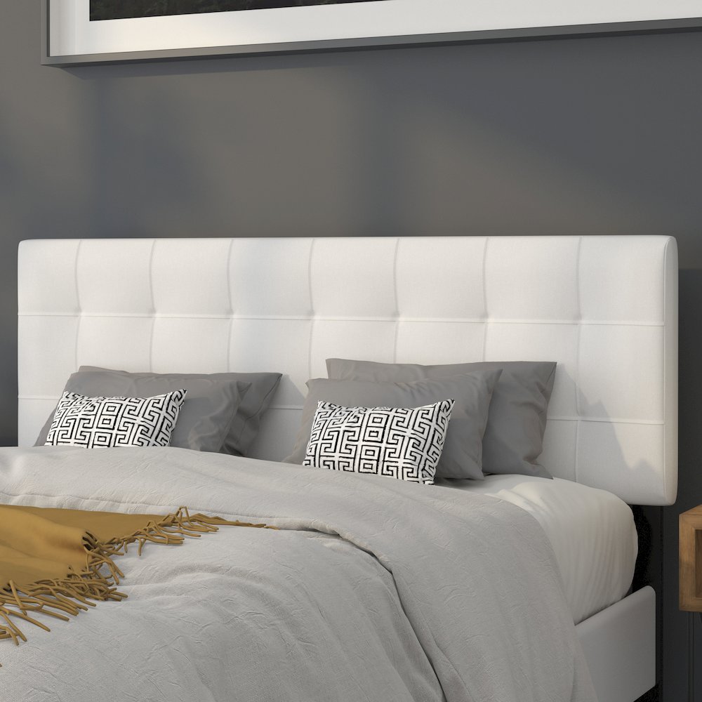 Quilted Tufted Upholstered Queen Size Headboard in White Fabric. Picture 4