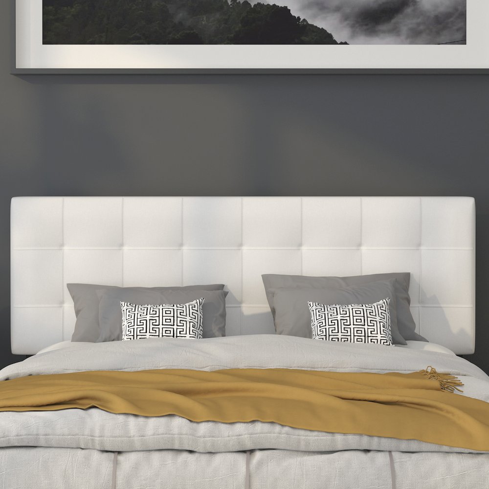 Tufted Upholstered Queen Size Headboard in White Fabric. Picture 6