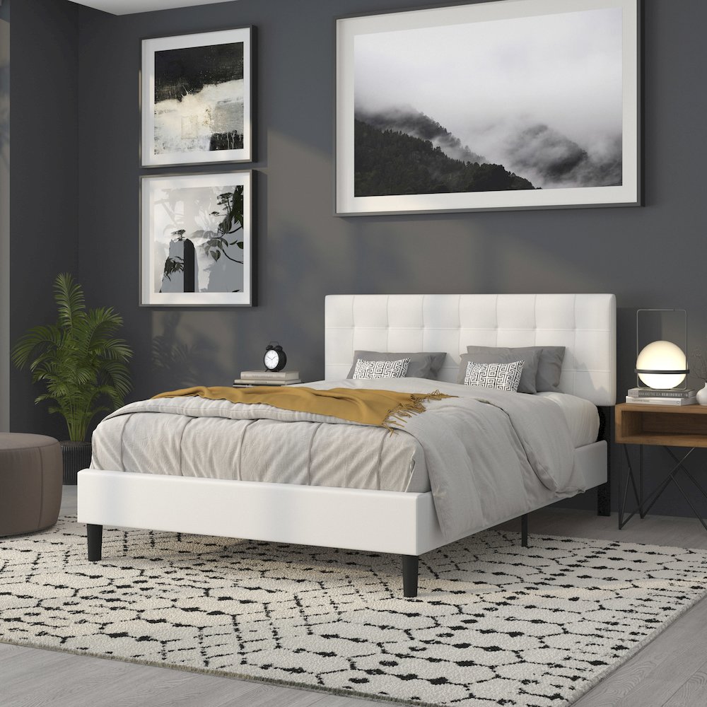 Tufted Upholstered Queen Size Headboard in White Fabric. Picture 7