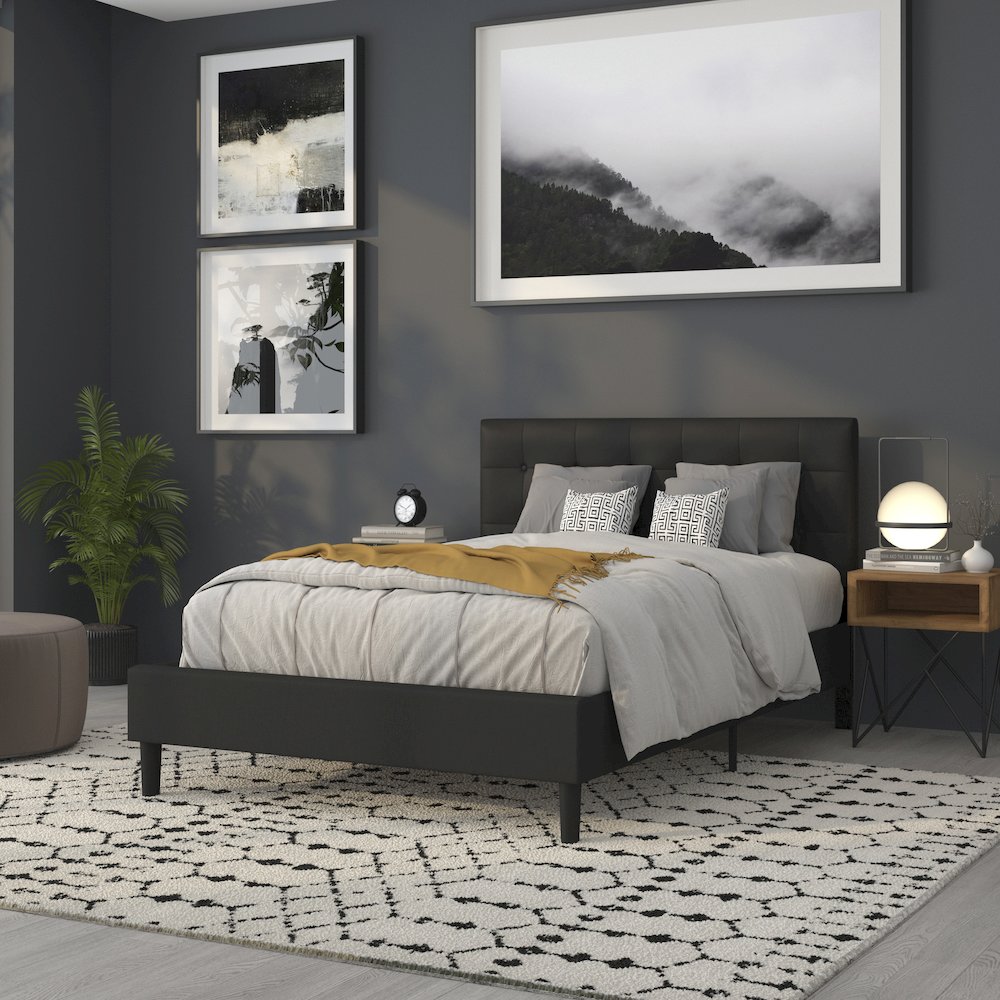 Tufted Upholstered Full Size Headboard in Black Vinyl. Picture 8