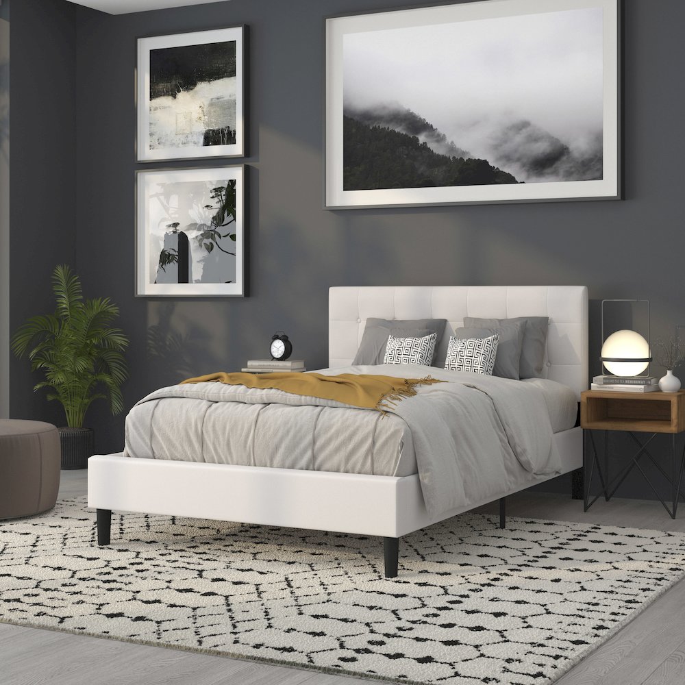 Tufted Upholstered Full Size Headboard in White Vinyl. Picture 7
