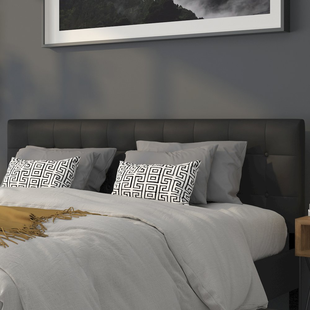 Button Tufted Upholstered King Size Headboard in Black Vinyl. Picture 3