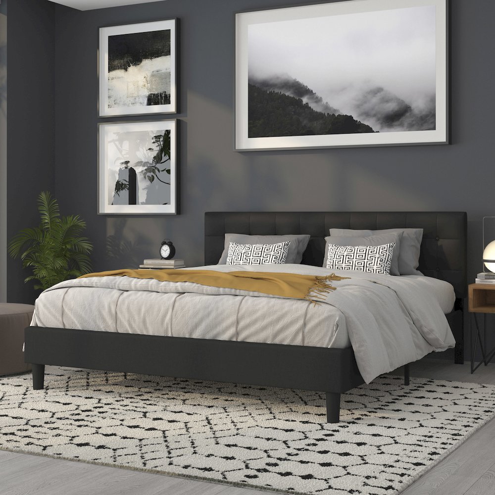 Tufted Upholstered King Size Headboard in Black Vinyl. Picture 7