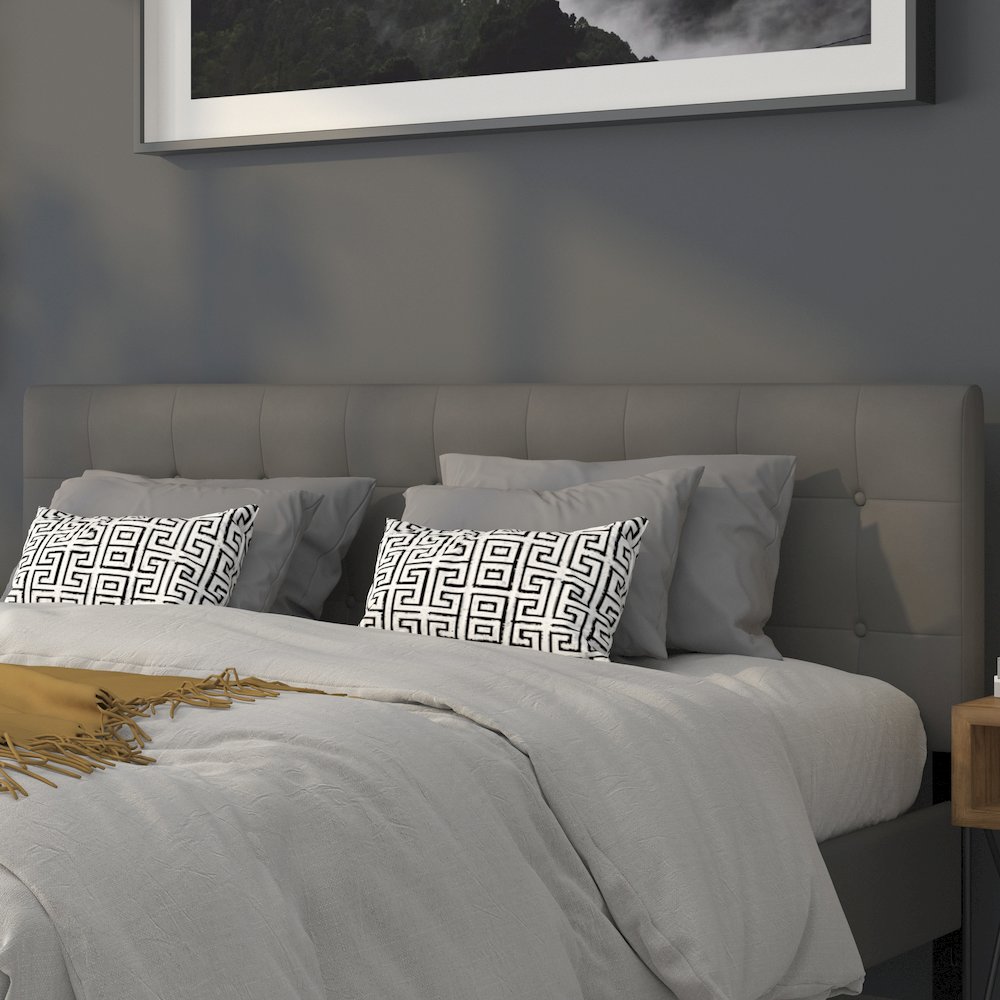 Button Tufted Upholstered King Size Headboard in Gray Vinyl. Picture 3
