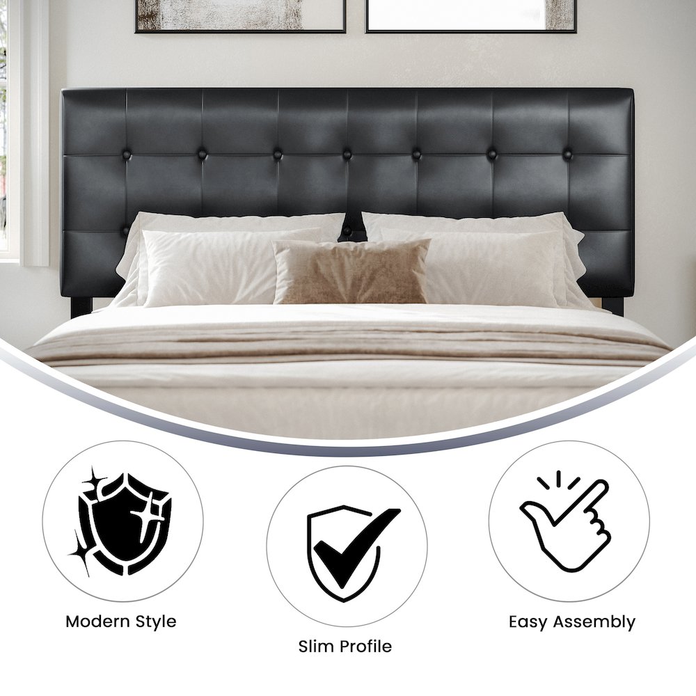 Tufted Upholstered Queen Size Headboard in Black Vinyl. Picture 5