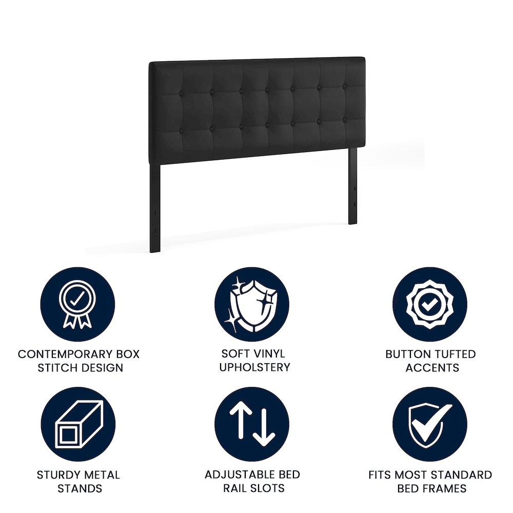Tufted Upholstered Queen Size Headboard in Black Vinyl. Picture 4