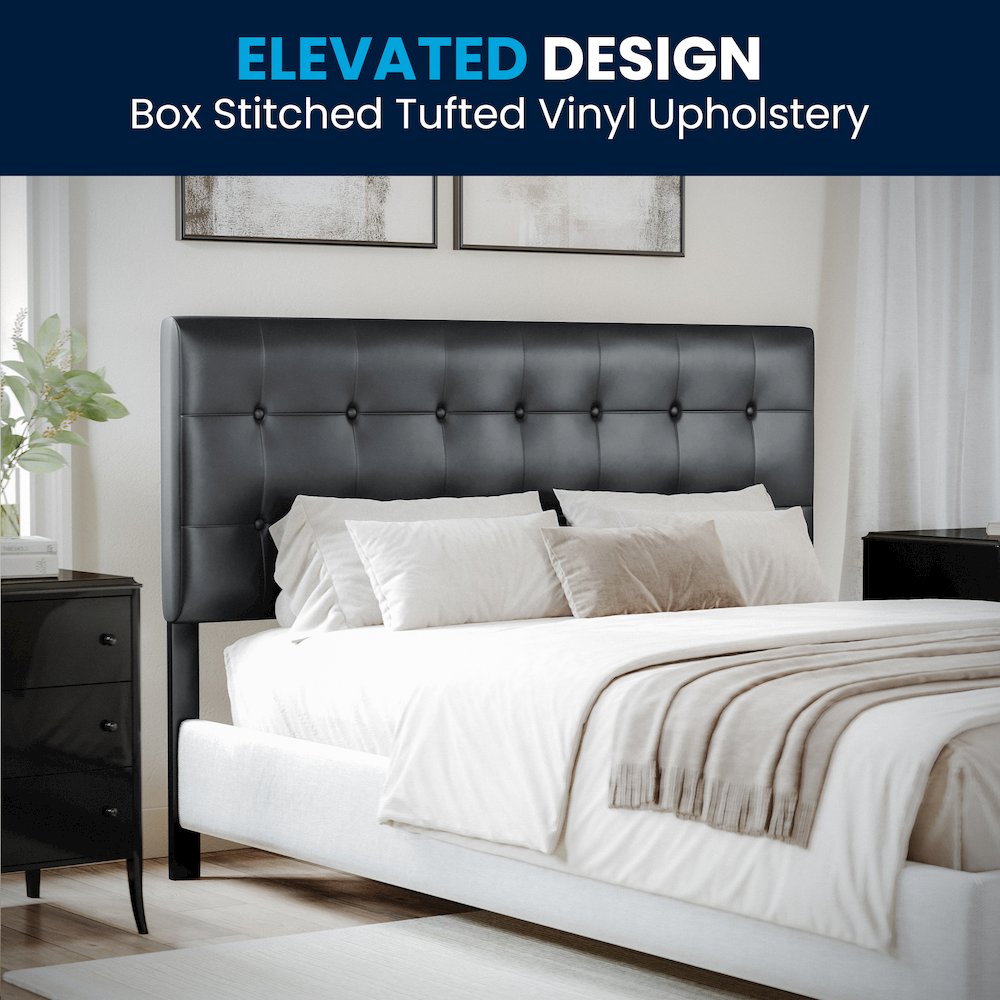 Tufted Upholstered Queen Size Headboard in Black Vinyl. Picture 2