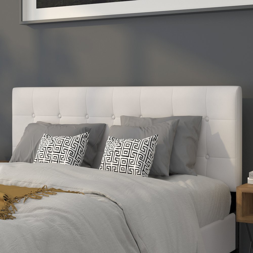 Button Tufted Upholstered Queen Size Headboard in White Vinyl. Picture 3