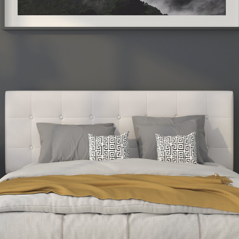 Tufted Upholstered Queen Size Headboard in White Vinyl. Picture 6