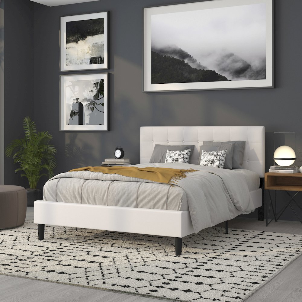 Tufted Upholstered Queen Size Headboard in White Vinyl. Picture 7