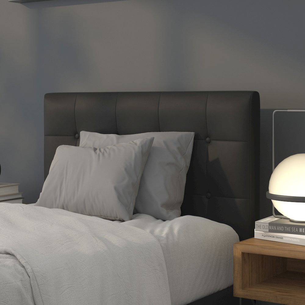 Tufted Upholstered Twin Size Headboard in Black Vinyl. Picture 2