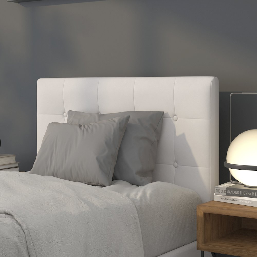 Button Tufted Upholstered Twin Size Headboard in White Vinyl. Picture 7