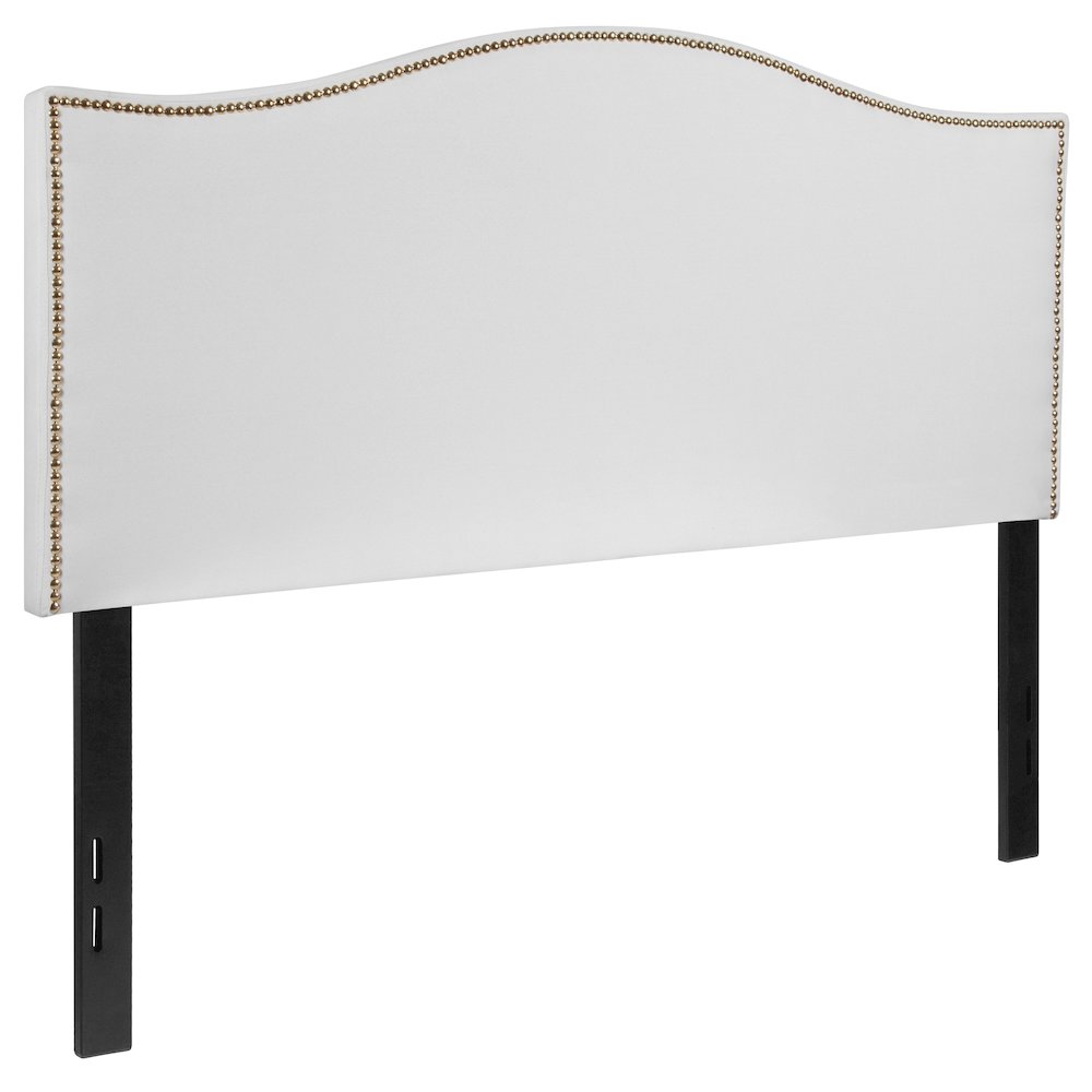 Upholstered Full Size Headboard with Accent Nail Trim in White Fabric. Picture 1