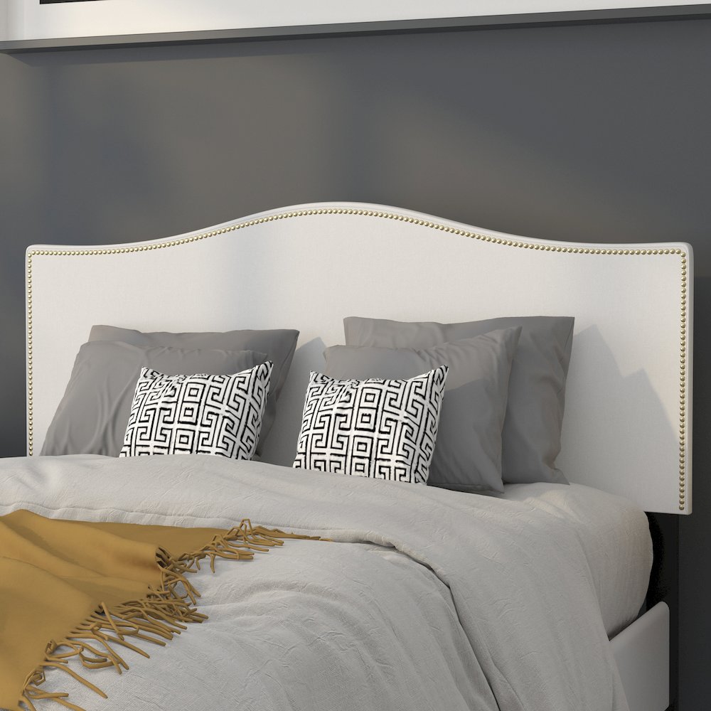 Upholstered Full Size Headboard with Accent Nail Trim in White Fabric. Picture 2