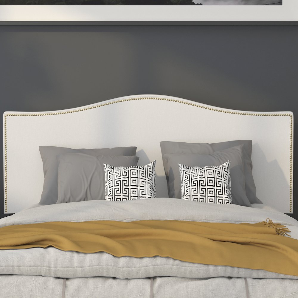Upholstered Full Size Headboard with Accent Nail Trim in White Fabric. Picture 5
