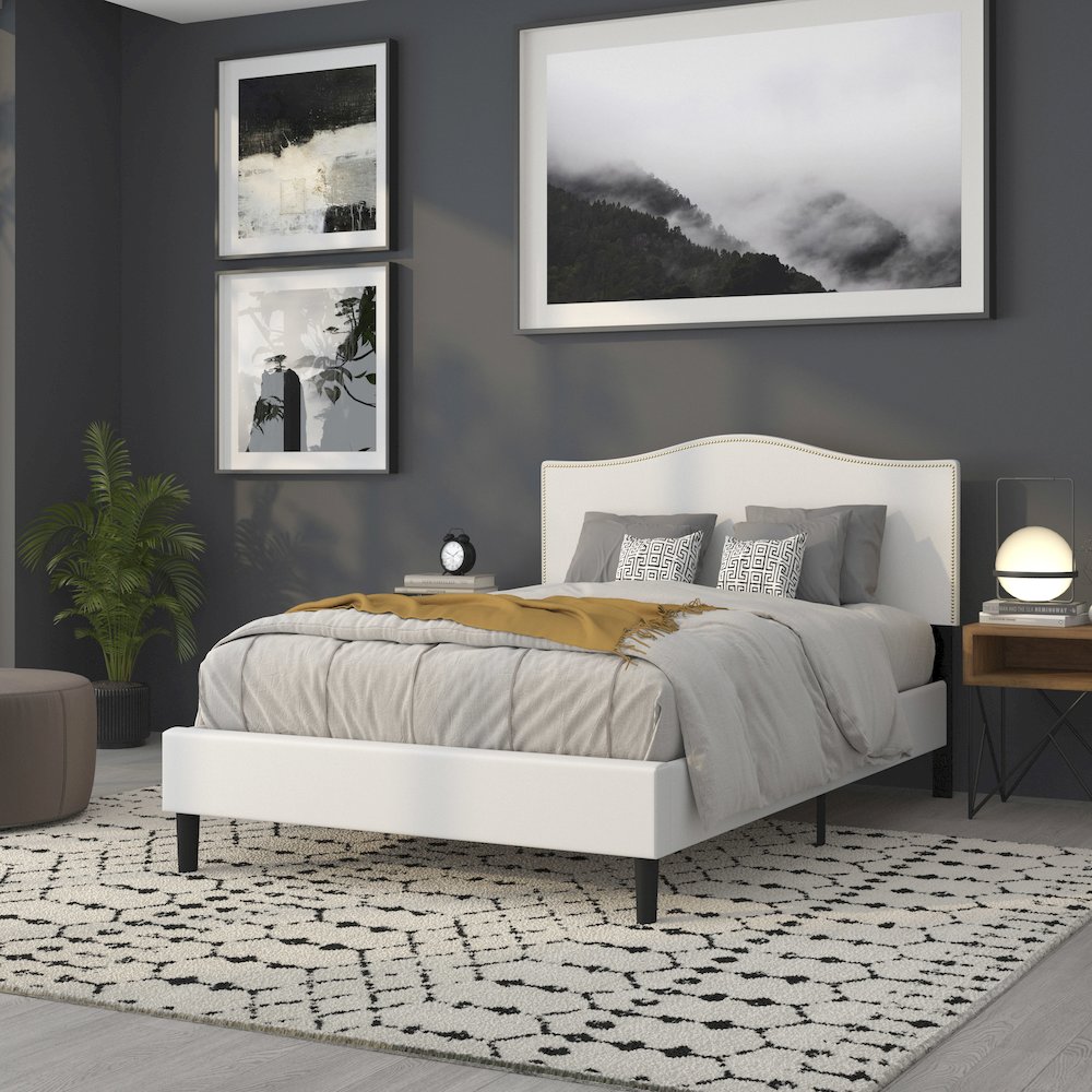 Upholstered Full Size Headboard with Accent Nail Trim in White Fabric. Picture 6