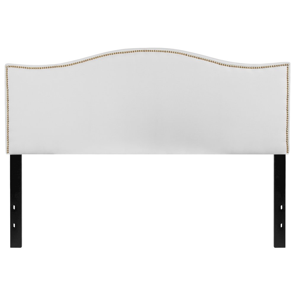 Upholstered Queen Size Headboard with Accent Nail Trim in White Fabric. Picture 9