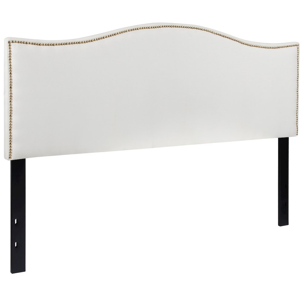 Upholstered Queen Size Headboard with Accent Nail Trim in White Fabric. Picture 1