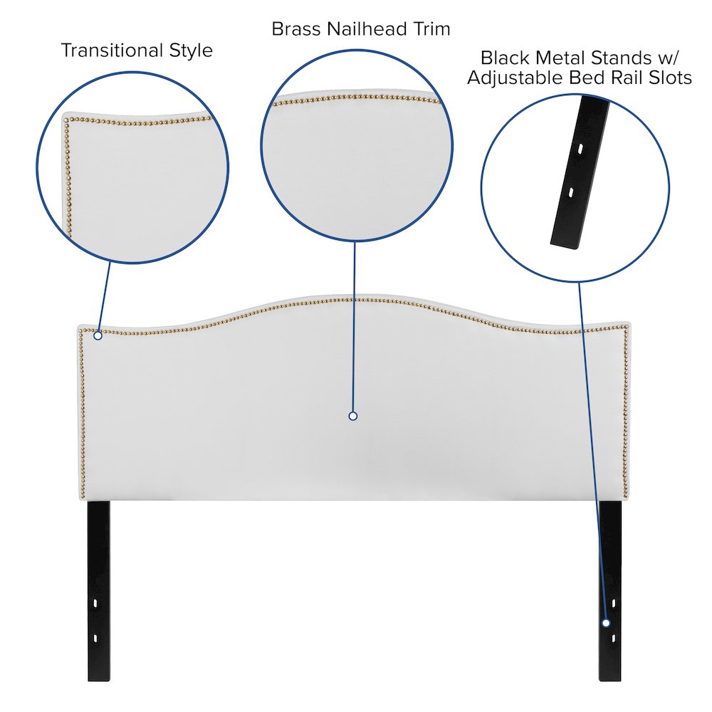 Upholstered Queen Size Headboard with Accent Nail Trim in White Fabric. Picture 4