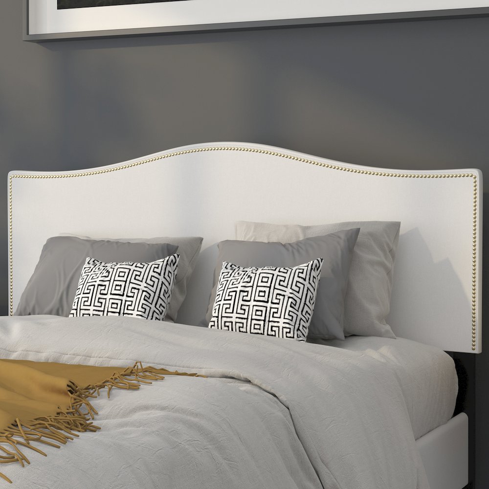 Upholstered Queen Size Headboard with Accent Nail Trim in White Fabric. Picture 2