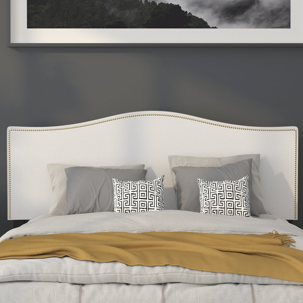 Upholstered Queen Size Headboard with Accent Nail Trim in White Fabric. Picture 6