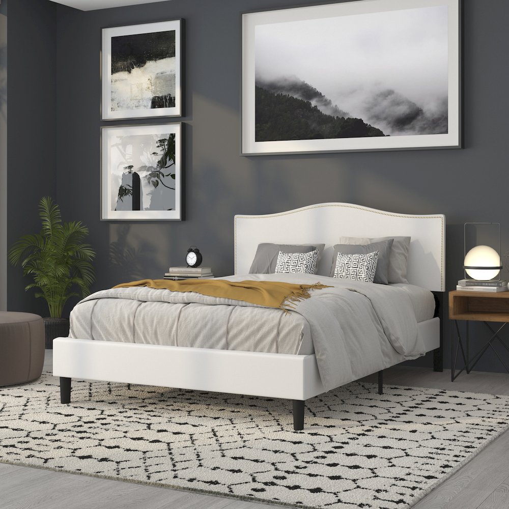 Upholstered Queen Size Headboard with Accent Nail Trim in White Fabric. Picture 7