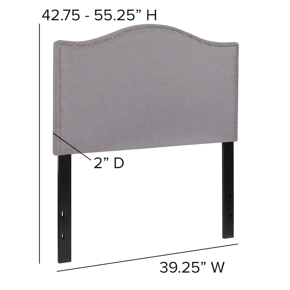 Upholstered Twin Size Arched Headboard with Accent Nail Trim in Light Gray Fabric. Picture 2