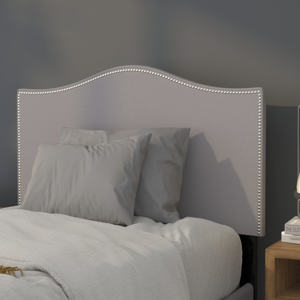 Upholstered Twin Size Arched Headboard with Accent Nail Trim in Light Gray Fabric. Picture 4