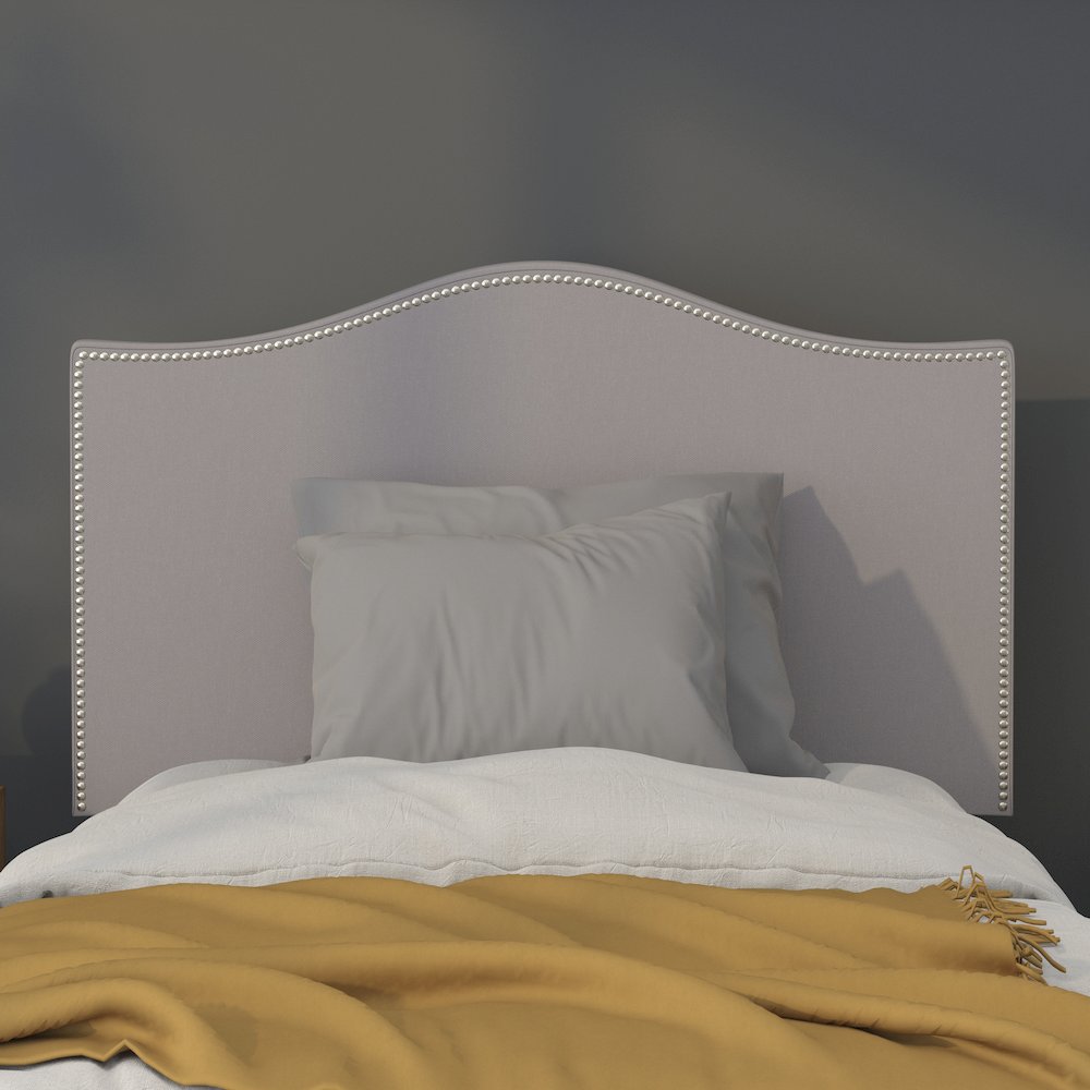 Upholstered Twin Size Headboard with Accent Nail Trim in Light Gray Fabric. Picture 5