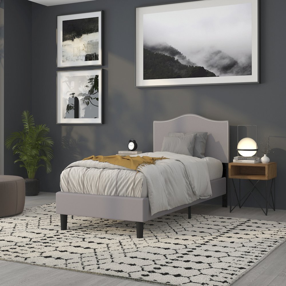 Upholstered Twin Size Headboard with Accent Nail Trim in Light Gray Fabric. Picture 6