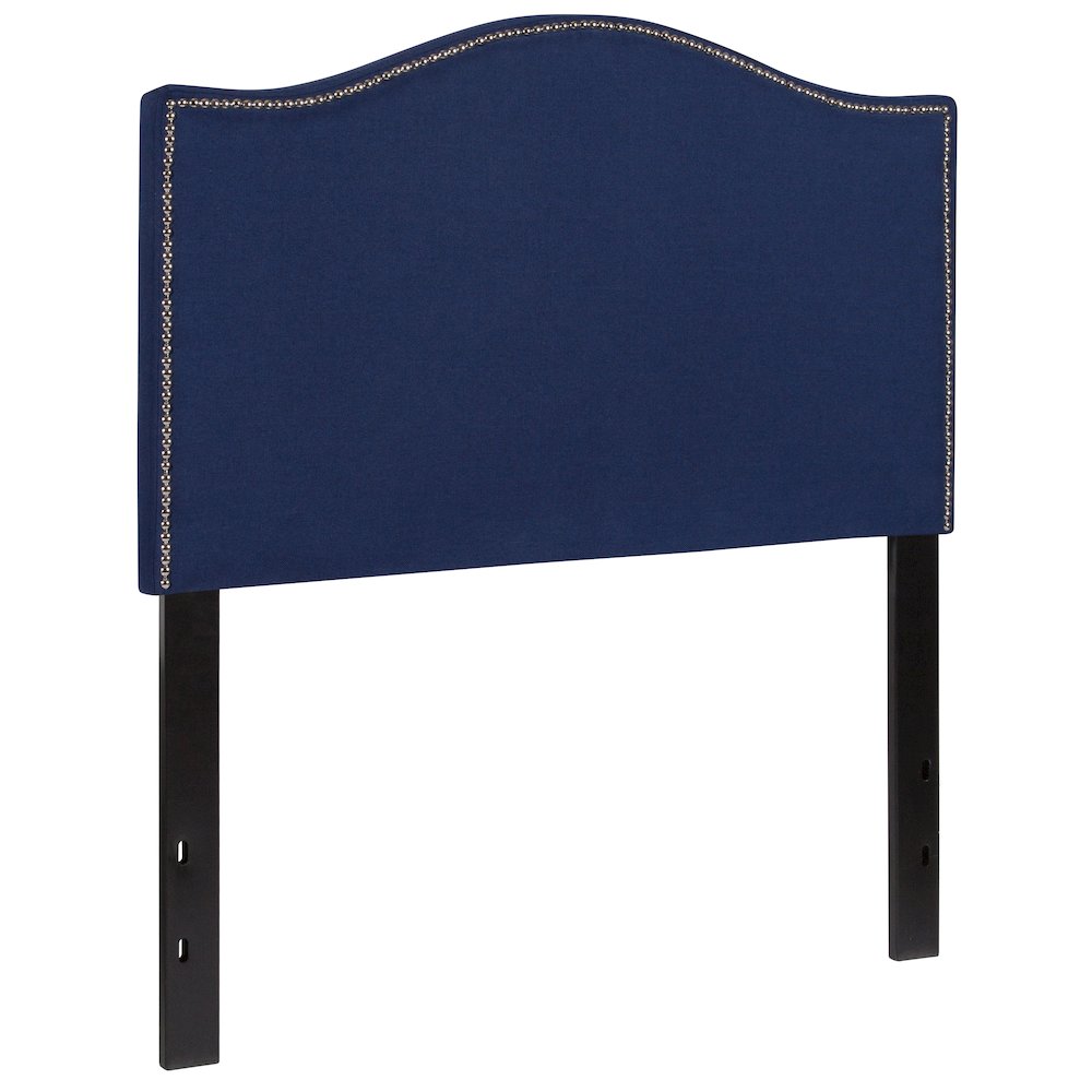 Upholstered Twin Size Headboard with Accent Nail Trim in Navy Fabric. Picture 1