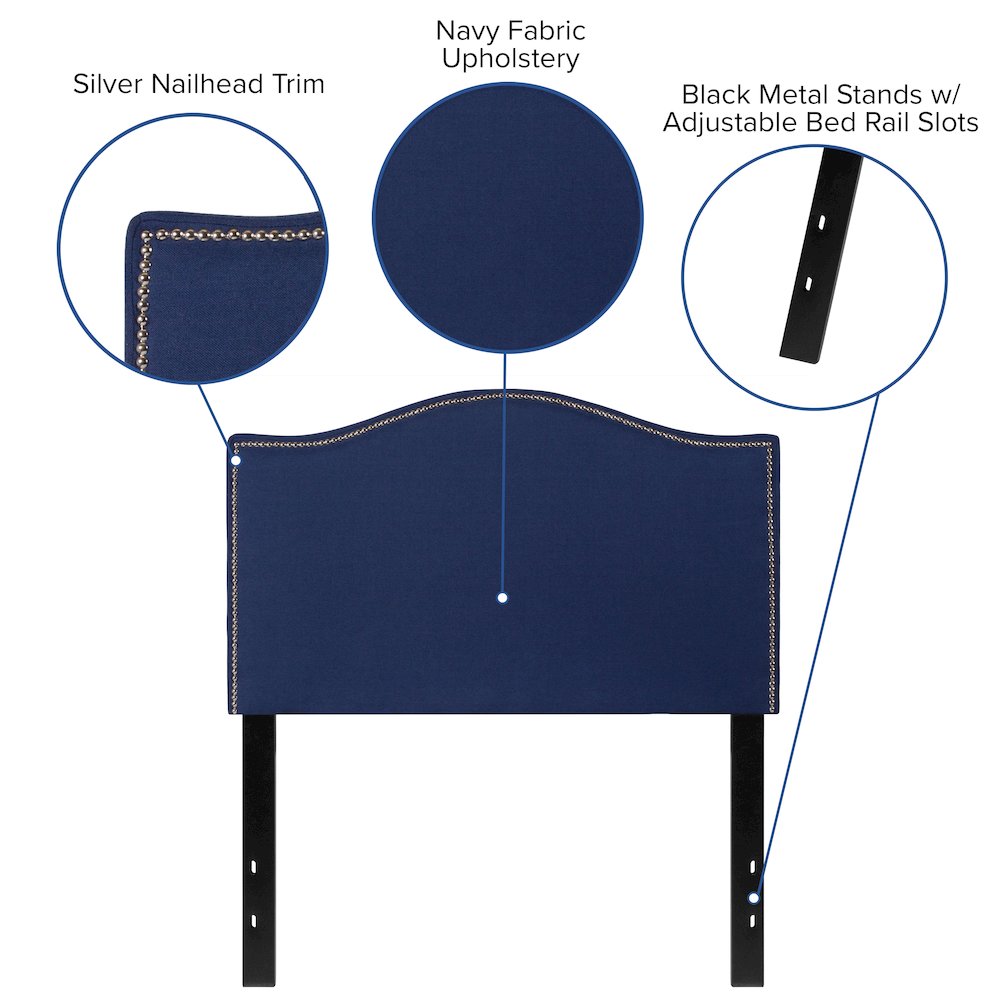 Upholstered Twin Size Headboard with Accent Nail Trim in Navy Fabric. Picture 4