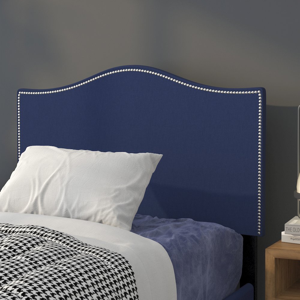 Upholstered Twin Size Headboard with Accent Nail Trim in Navy Fabric. Picture 2