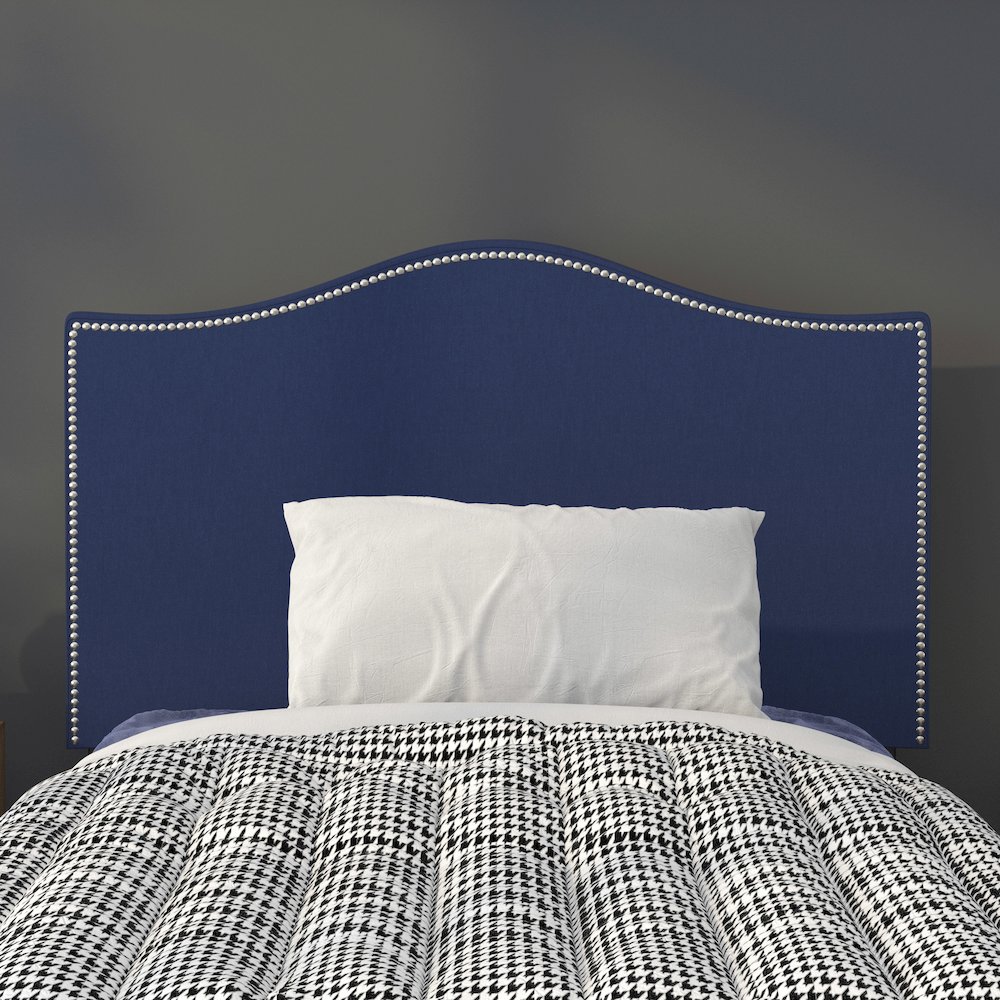 Upholstered Twin Size Headboard with Accent Nail Trim in Navy Fabric. Picture 6