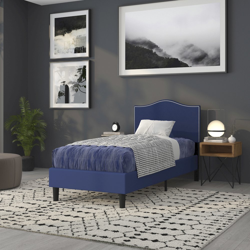 Upholstered Twin Size Headboard with Accent Nail Trim in Navy Fabric. Picture 7