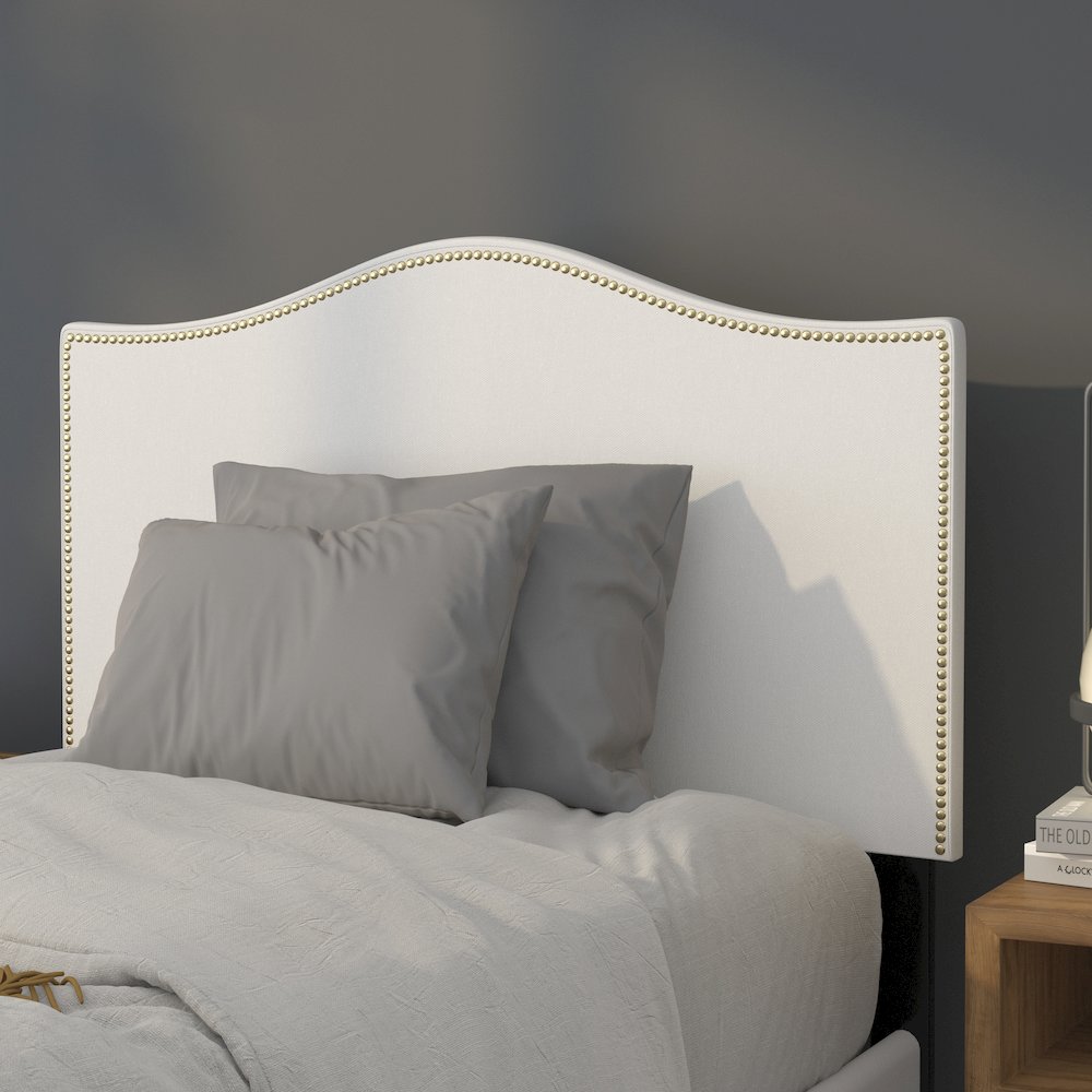 Upholstered Twin Size Headboard with Accent Nail Trim in White Fabric. Picture 2