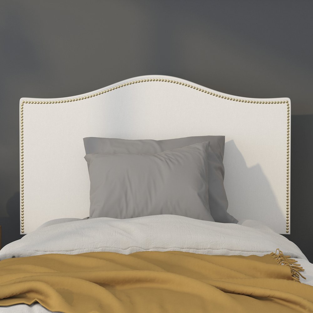 Upholstered Twin Size Headboard with Accent Nail Trim in White Fabric. Picture 5
