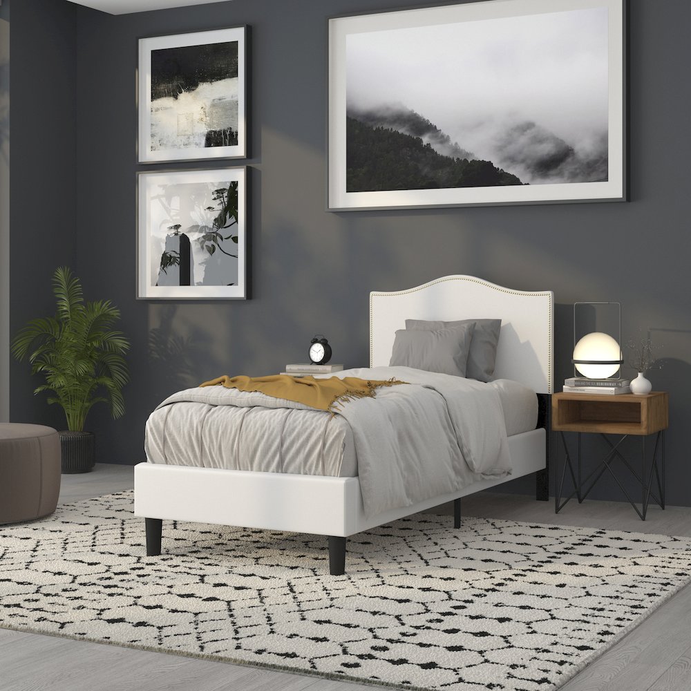 Upholstered Twin Size Headboard with Accent Nail Trim in White Fabric. Picture 6