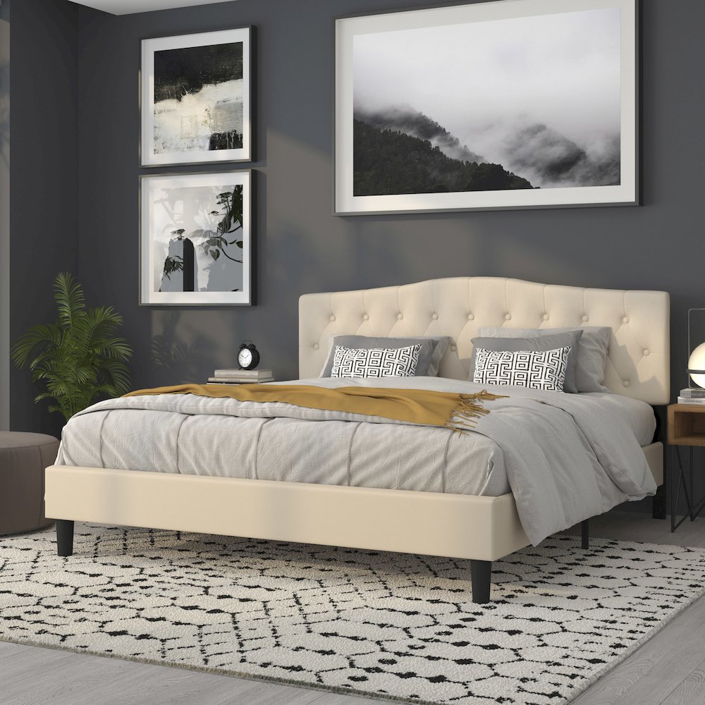 Tufted Upholstered King Size Headboard in Beige Fabric. Picture 8