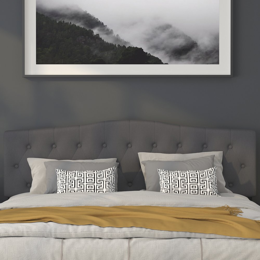 Tufted Upholstered King Size Headboard in Dark Gray Fabric. Picture 7