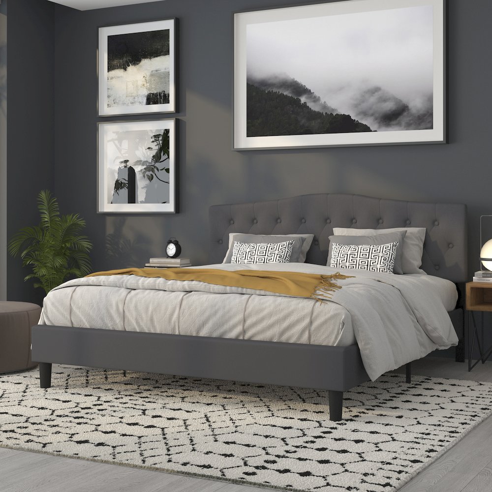 Tufted Upholstered King Size Headboard in Dark Gray Fabric. Picture 8