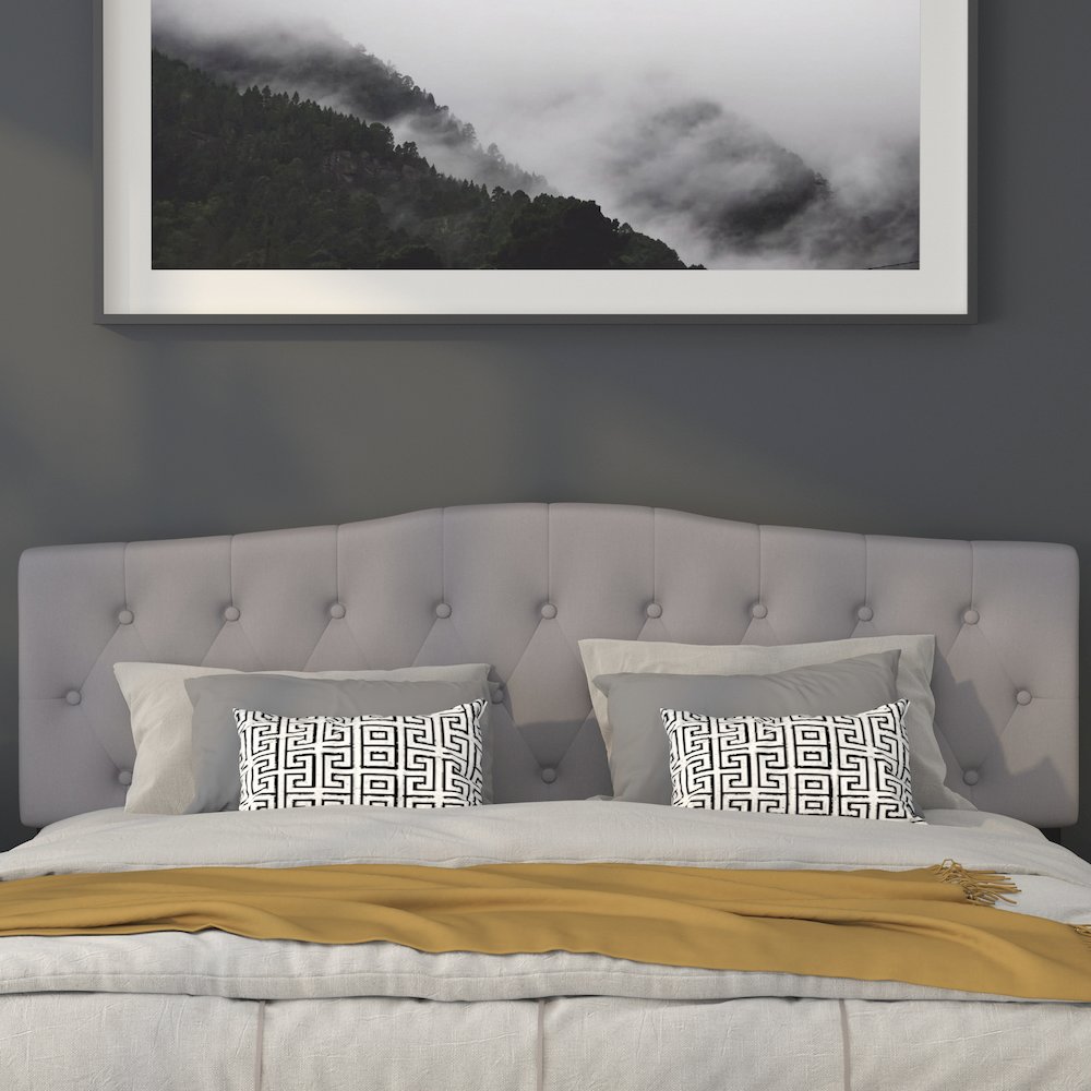 Tufted Upholstered King Size Headboard in Light Gray Fabric. Picture 7